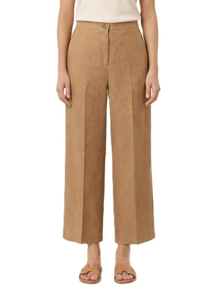 PANTALONE PALAZZO IN MISTO LINO CON PIEGA STIRATA DONNA MARRONE