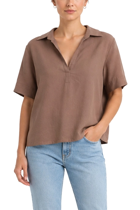 BLUSA CON COLLO A POLO IN MISTO LINO DONNA MARRONE