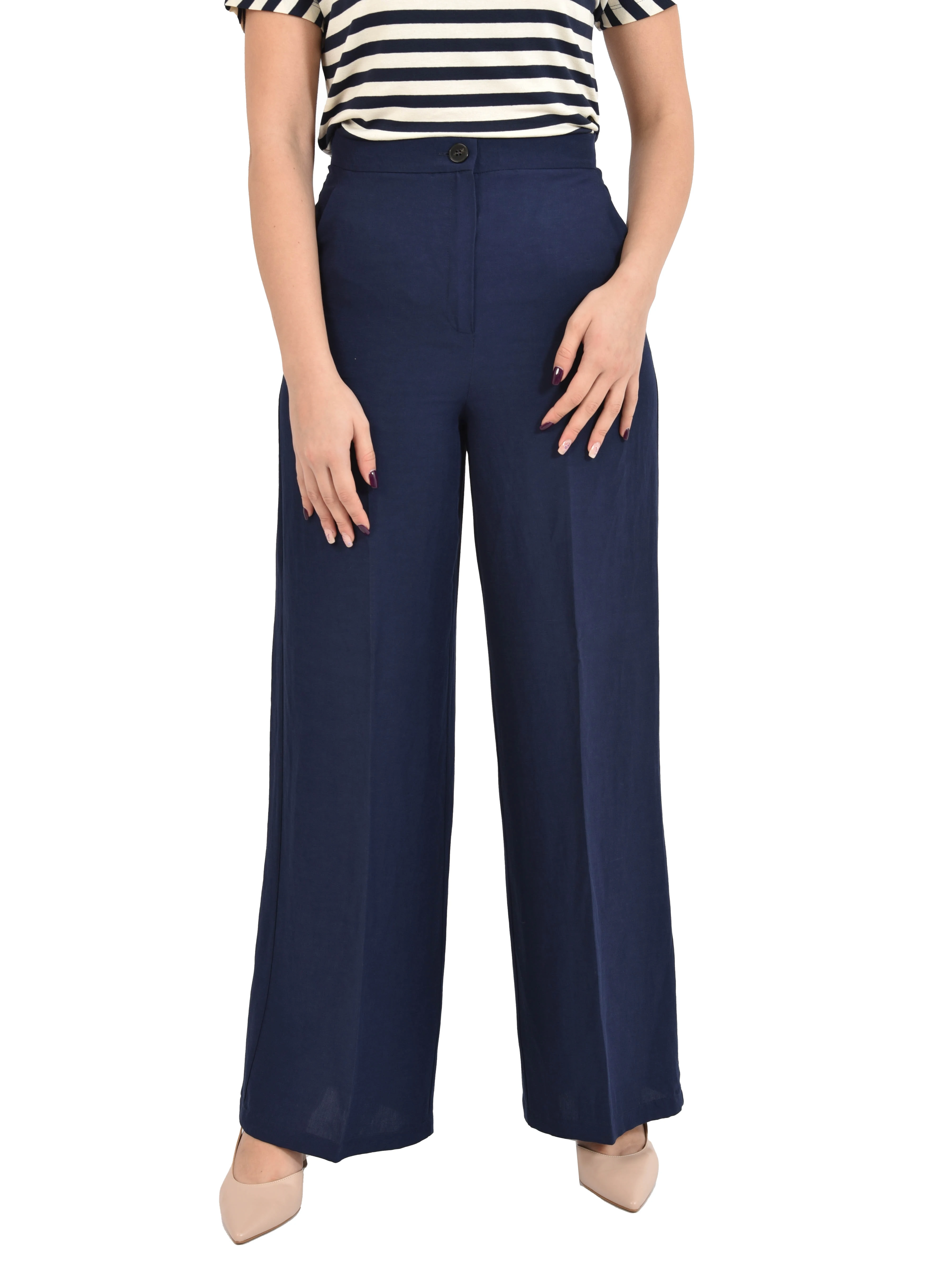 PANTALONE PALAZZO IN MISTO LINO CON PIEGA STIRATA DONNA BLU