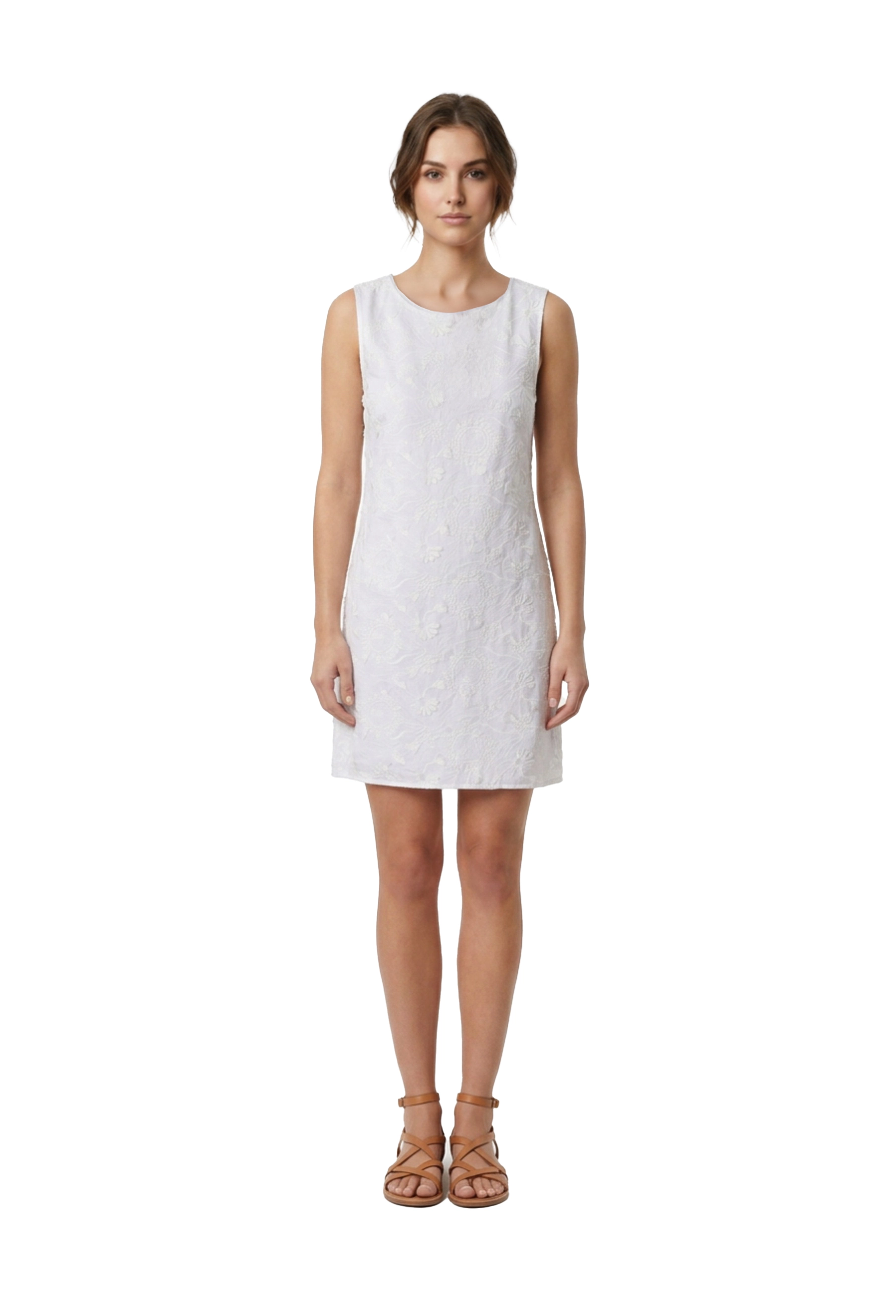 VESTITO CORTO SMANICATO IN COTONE RICAMATO  DONNA BIANCO