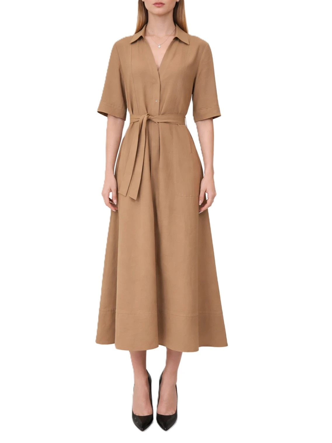 VESTITO LUNGO CON CINTURA E COLLO A CAMICIA DONNA MARRONE