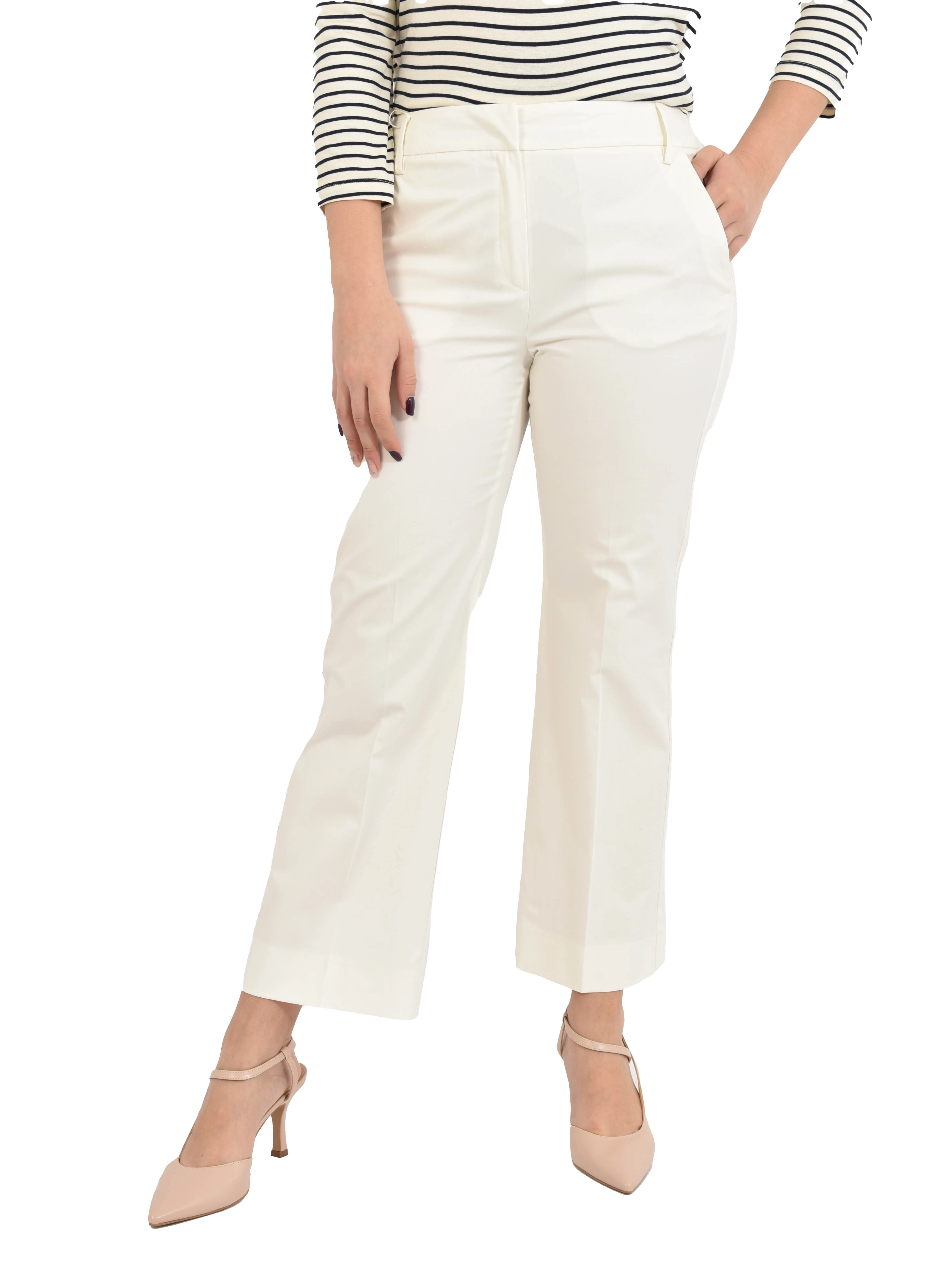 PANTALONE PALAZZO IN GARBADINA DI COTONE STRETCH CON TASCHE LATERALI DONNA BIANCO
