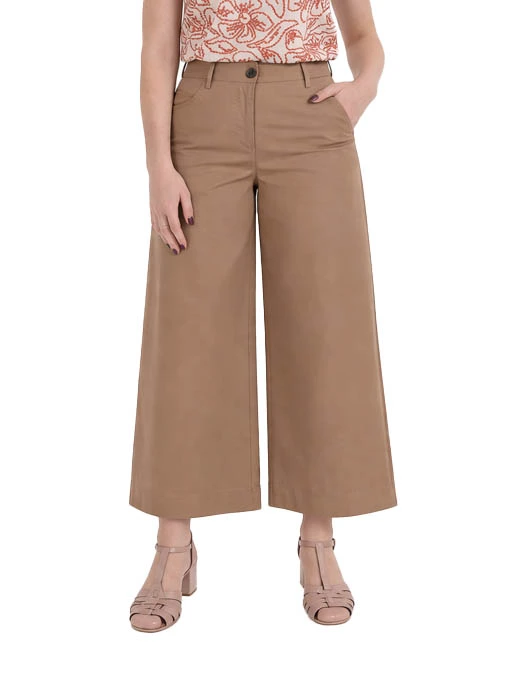 PANTALONE PALAZZO CON ORLO ALTO IMPUTANTO IN GARBADINA DI COTONE DONNA MARRONE