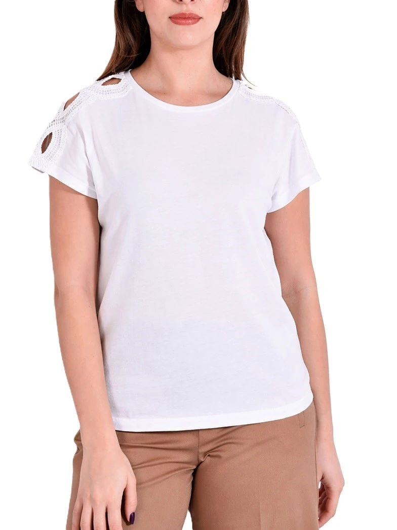 T-SHIRT MANICA CORTA IN JERSEY CON DETTAGLI TRAFORATI DONNA BIANCO