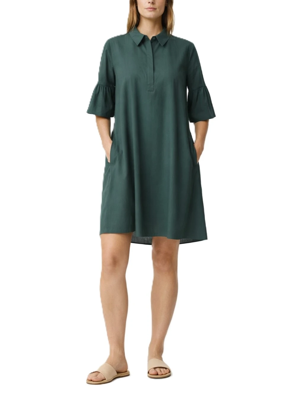 VESTITO CORTO IN PUR COTONE CON MANICHE TRE QUARTI CON BALZA DONNA VERDE SCURO