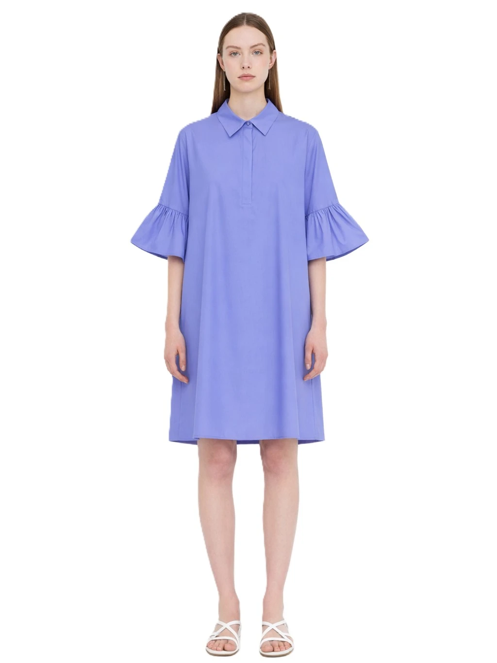 VESTITO CORTO IN PURE COTONE CON MANICHE TRE QUARTI CON BALZA DONNA AZZURRO