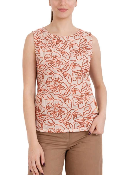 TOP IN COTONE E LINO RICAMATO CON MOTIVO FLOREALE DONNA ROSSO