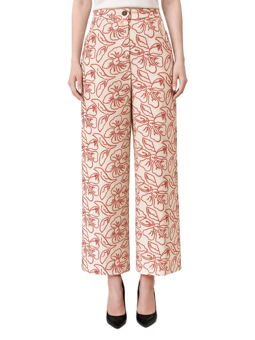 PANTALONE PALAZZO IN TELA DI COTONE E LINO CON RICAMI DONNA ROSSO