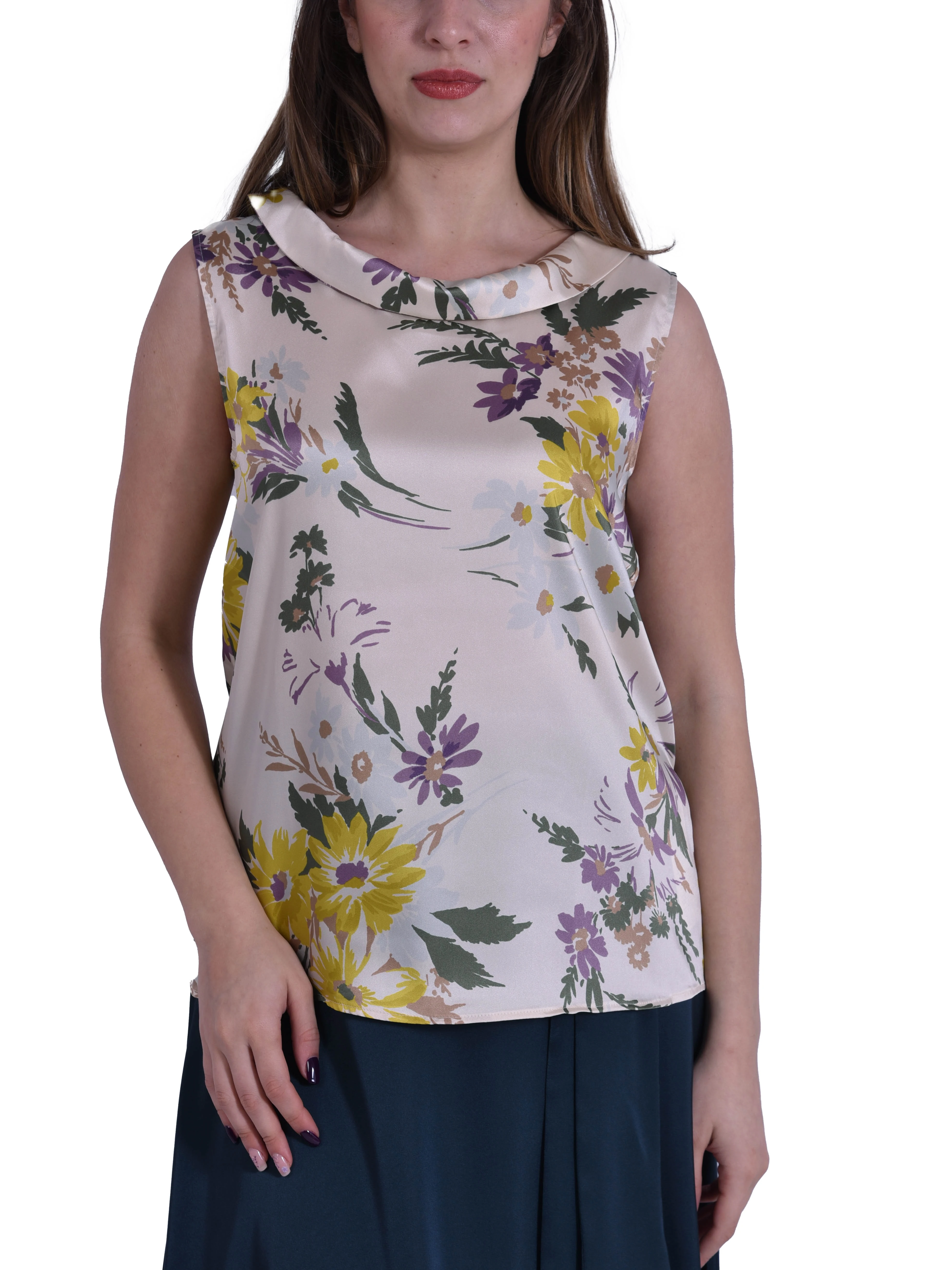 TOP SMANICATO IN TWILL STAMPATO CON SCOLLO A BARCHETTA DONNA BIANCO