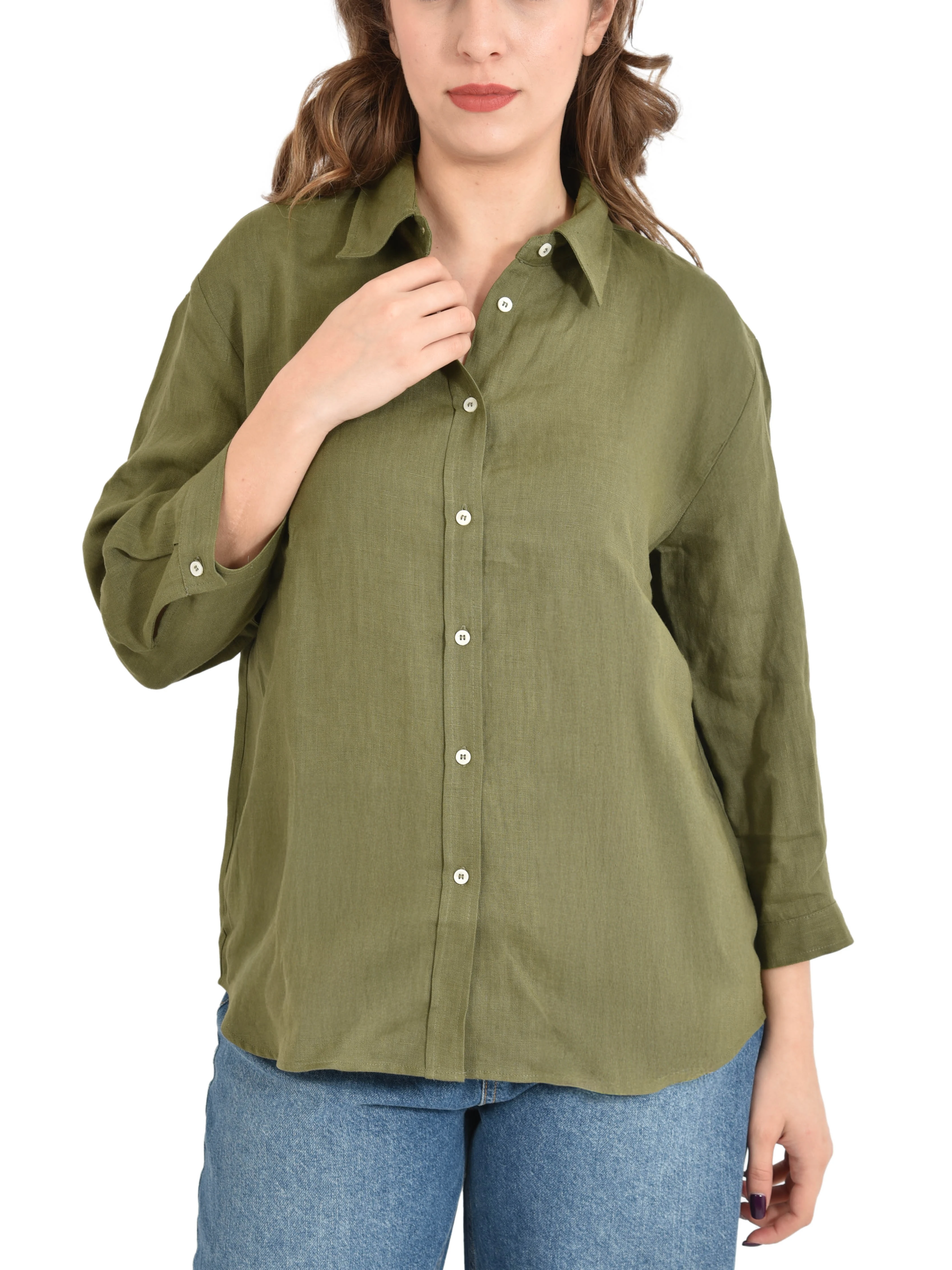 CAMICIA IN PURO LINO CON MANICHE A TRE QUARTI DONNA VERDE