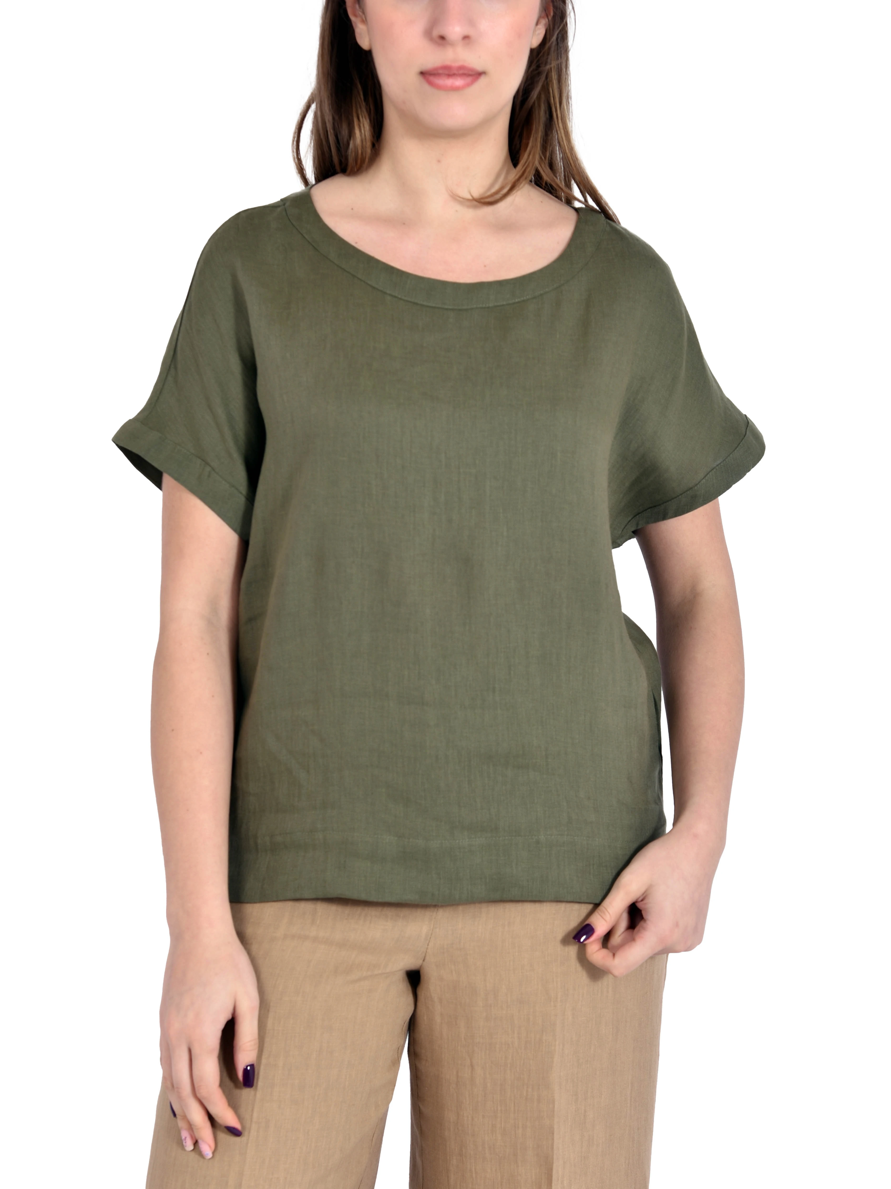 BLUSA IN PURO LINO CON BORDI ALTI DONNA VERDE