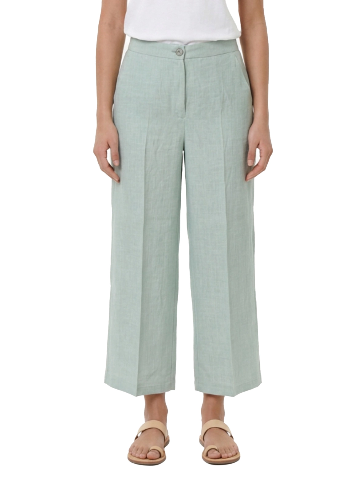 PANTALONE PALAZZO IN LINO CON PIEGA STIRATA E TASCHE LATERALI DONNA VERDE SALVIA