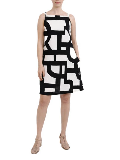 VESTITO CORTO SMANICATO IN TELA DI COTONE CON STAMPA GEOMETRICA DONNA NERO