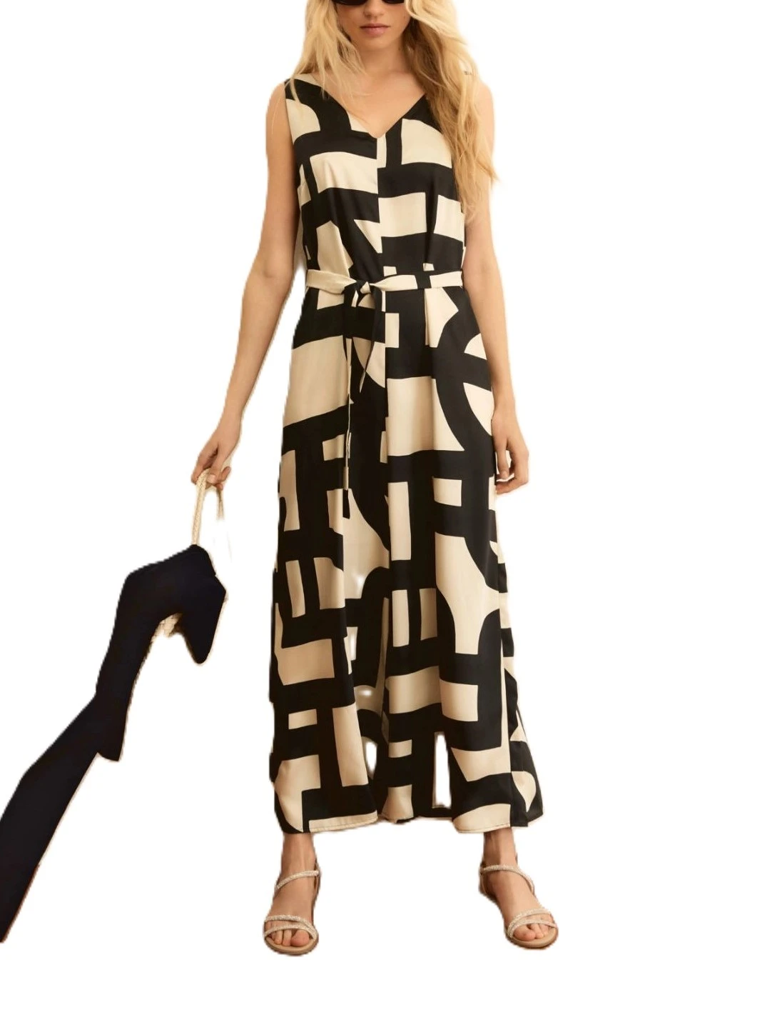 TUTA IN TWILL CON STAMPA GEOMETRICA E CINTURA DONNA NERO