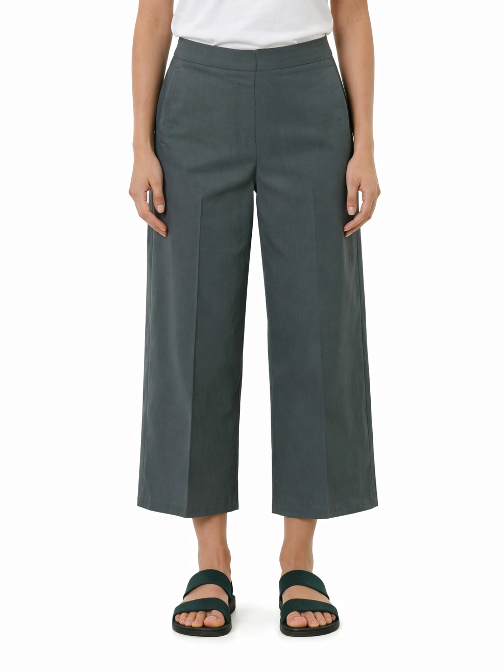 PANTALONE PALAZZO CON TASCHE A FILETTO E INSERTO ELASTICO SUL RETRO DONNA VERDE