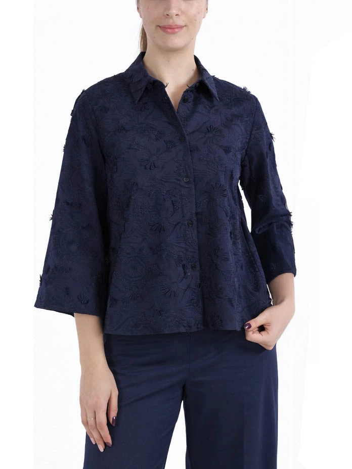CAMICIA IN POPELINE DI COTONE RICAMATO DONNA BLU