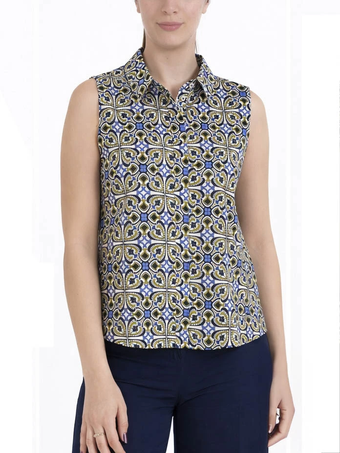 CAMICIA SMANICATA IN POPELINE DI COTONE DONNA STAMPATA AZZURRO