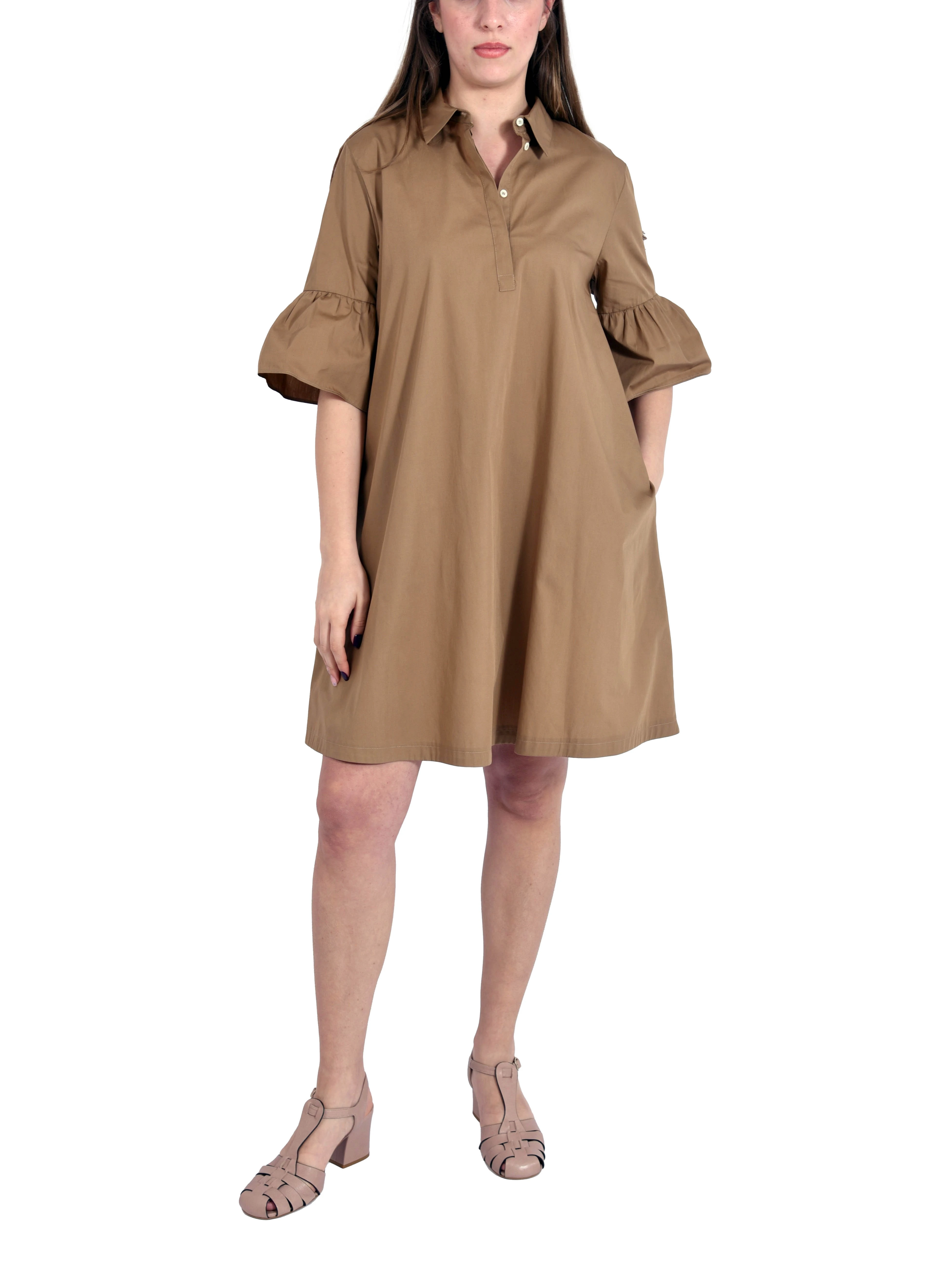 VESTITO CORTO IN PURE COTONE CON MANICHE TRE QUARTI CON BALZA DONNA BEIGE