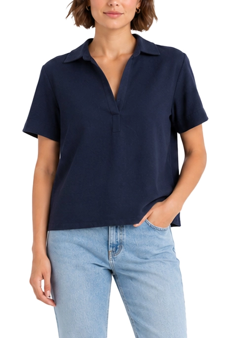 BLUSA CON COLLO A POLO IN MISTO LINO DONNA BLU