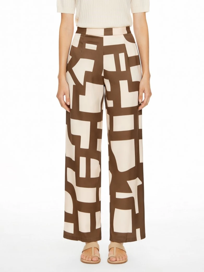 PANTALONE PALAZZO IN TWILL FLUIDO CON STAMPA GRAFICA DONNA BEIGE