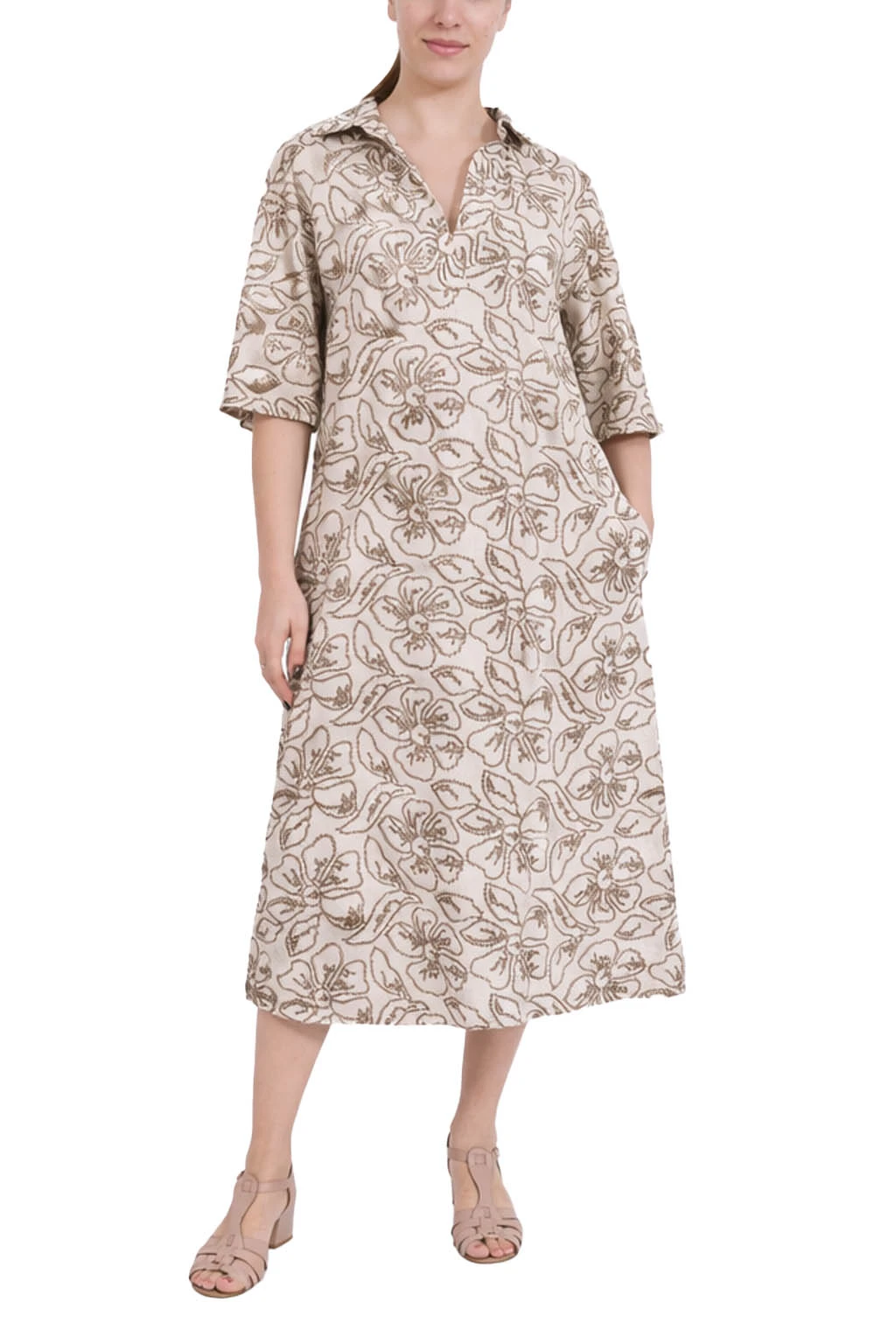 VESTITO IN TELA DI COTONE E LINO RICAMATA DONNA BEIGE