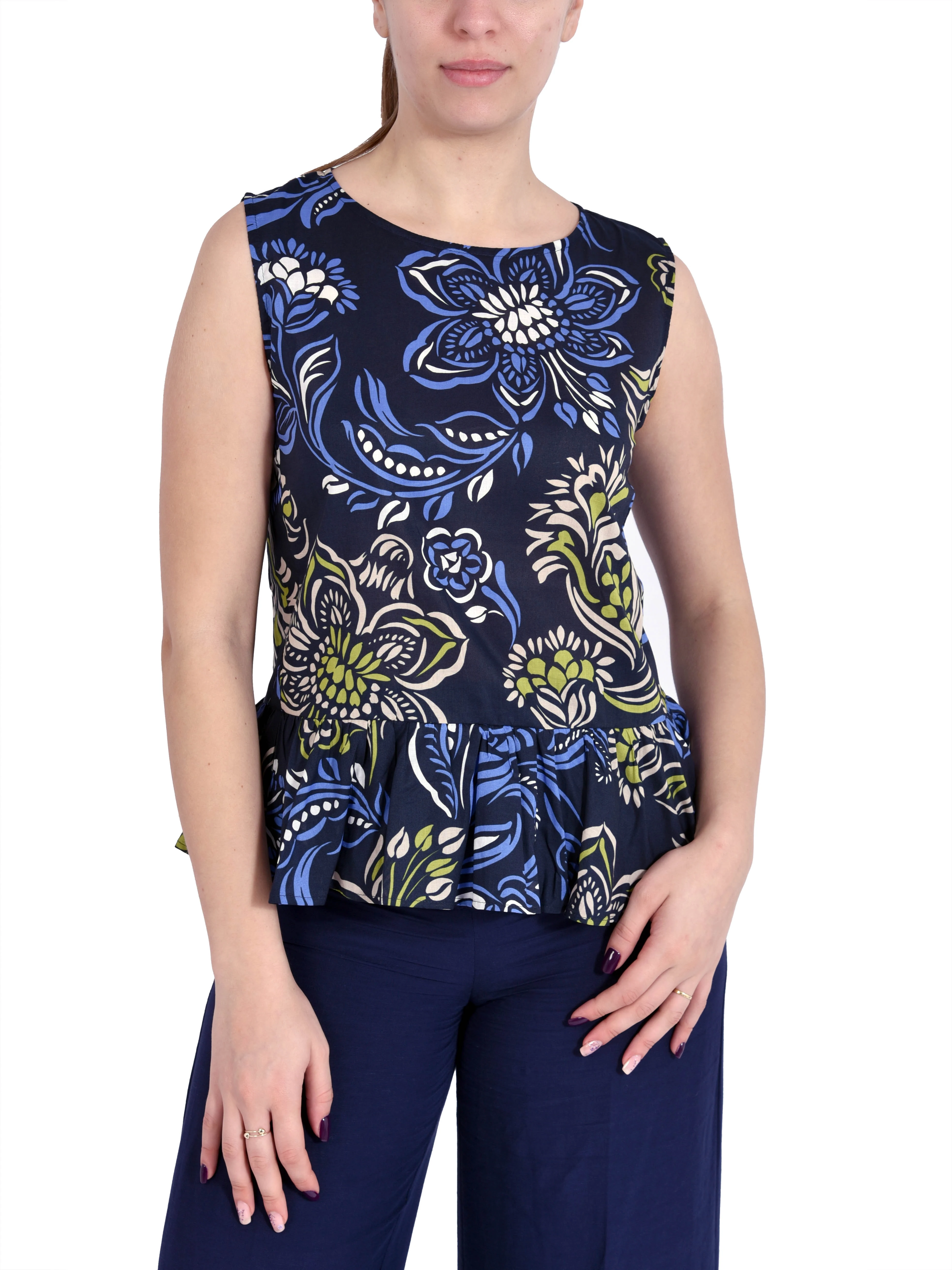 TOP IN MUSSOLA DI COTONE CON BALZA ARRICCIATA DONNA BLU