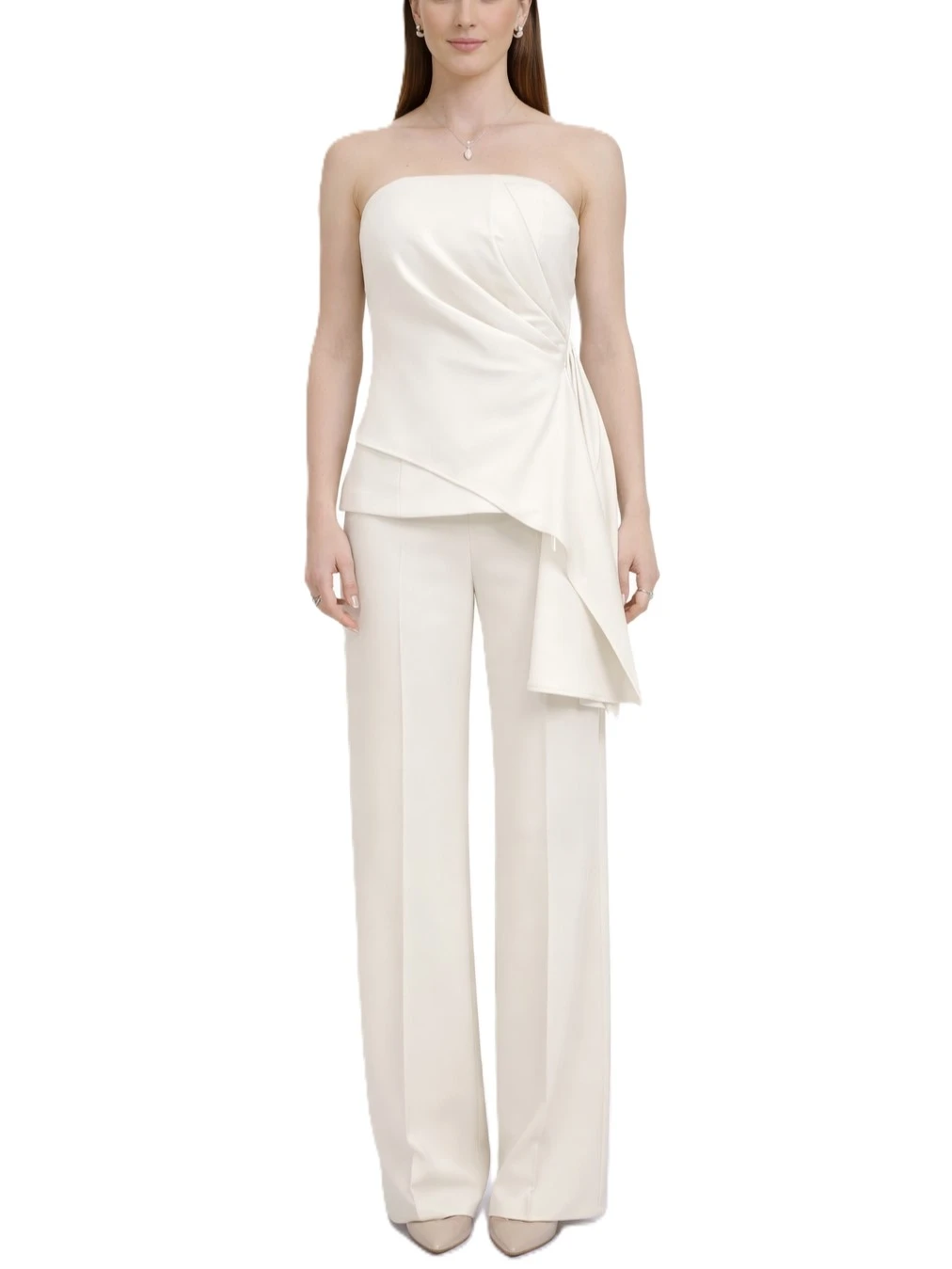 COMPLETO CON TOP ASIMMETRICO E DRAPPEGGIO E PANTALONE PALAZZO DONNA BIANCO