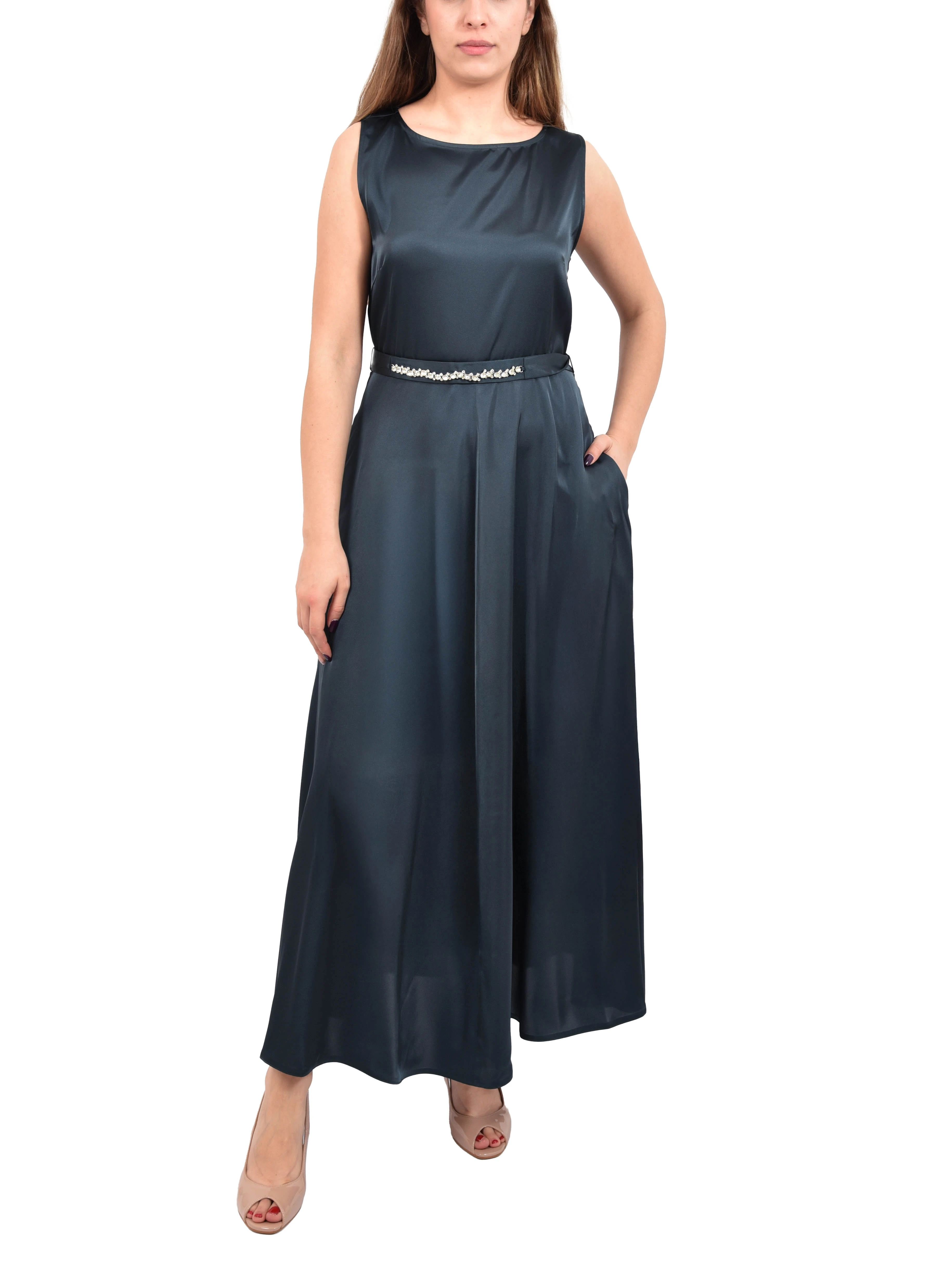 VESTITO LUNGO CON SPACCO E CINTURA CON BIJOUX DONNA VERDE