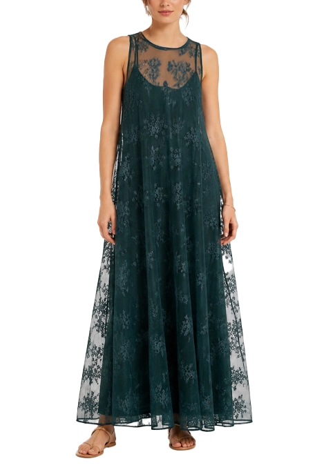 VESTITO LUNGO CON TULLE RICAMATO DONNA VERDE