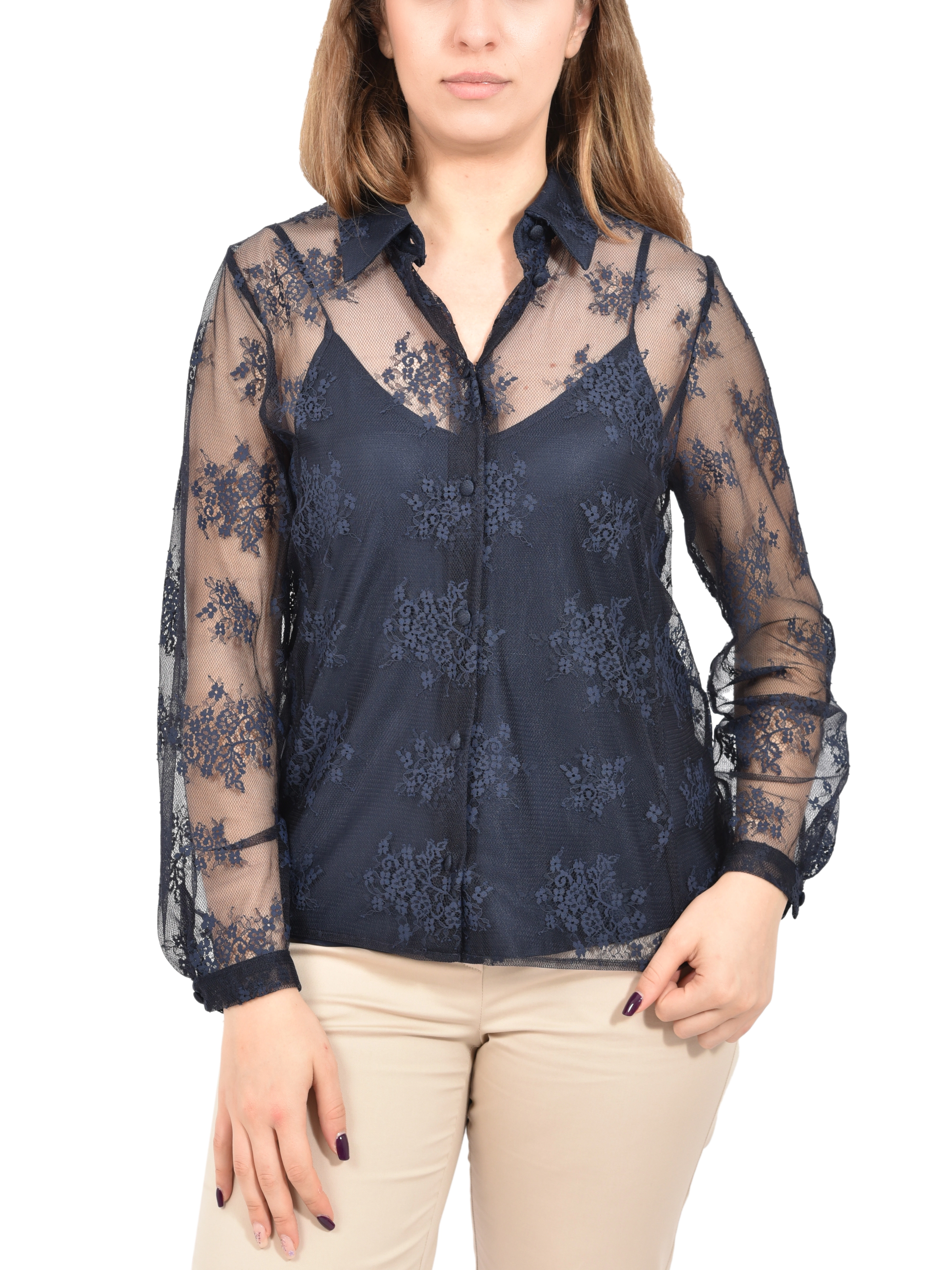 CAMICIA IN PIZZO CON CHIUSURA A GOCCIA  DONNA BLU