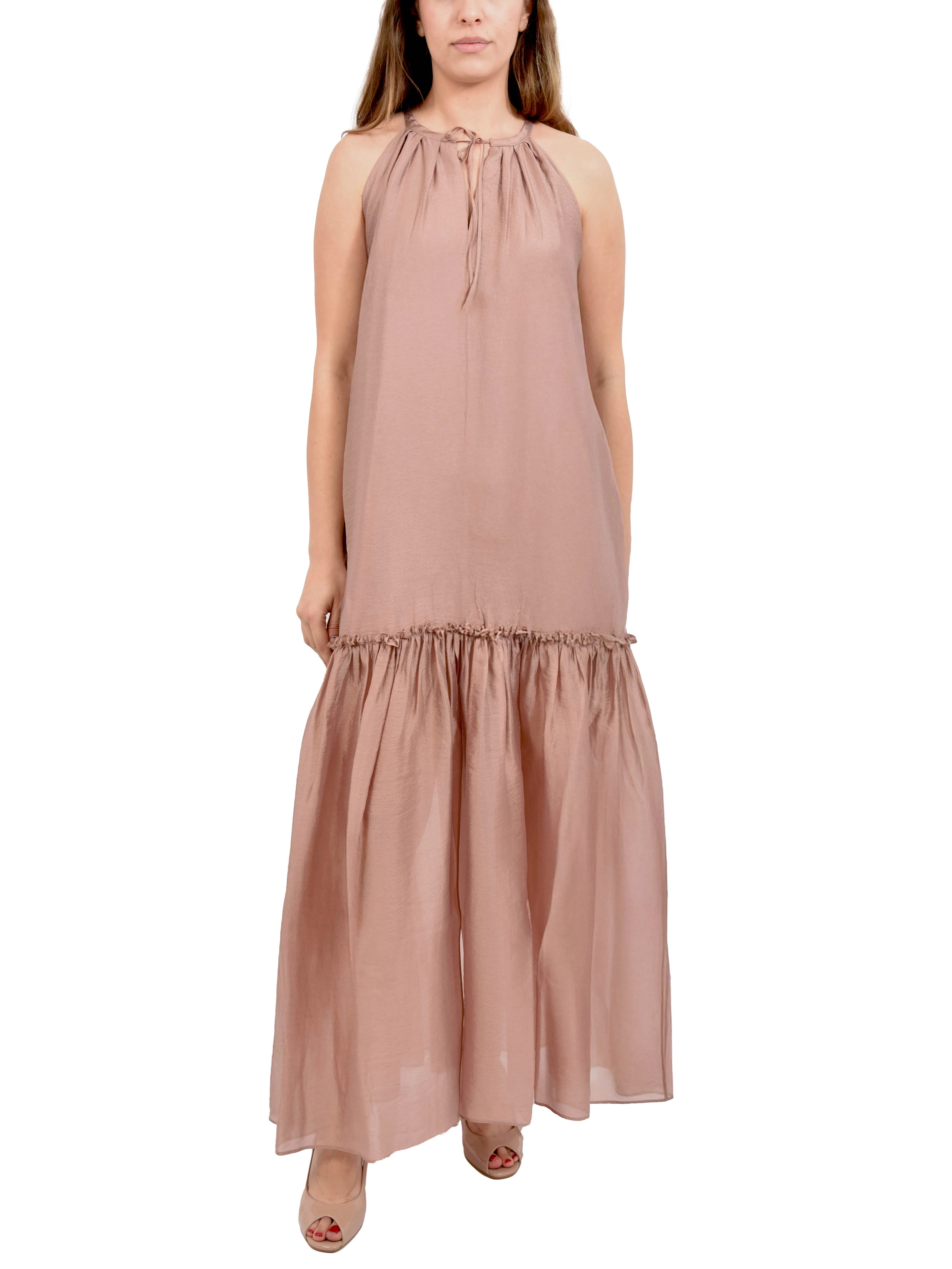 VESTITO LUNGO CON ARRICCIATURE E SCOLLO CON LACCETTO DONNA ROSA