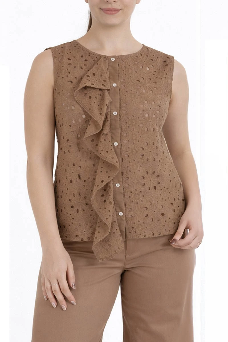 TOP SMANICATO IN MUSSOLA DI COTONE RICAMATO DONNA MARRONE