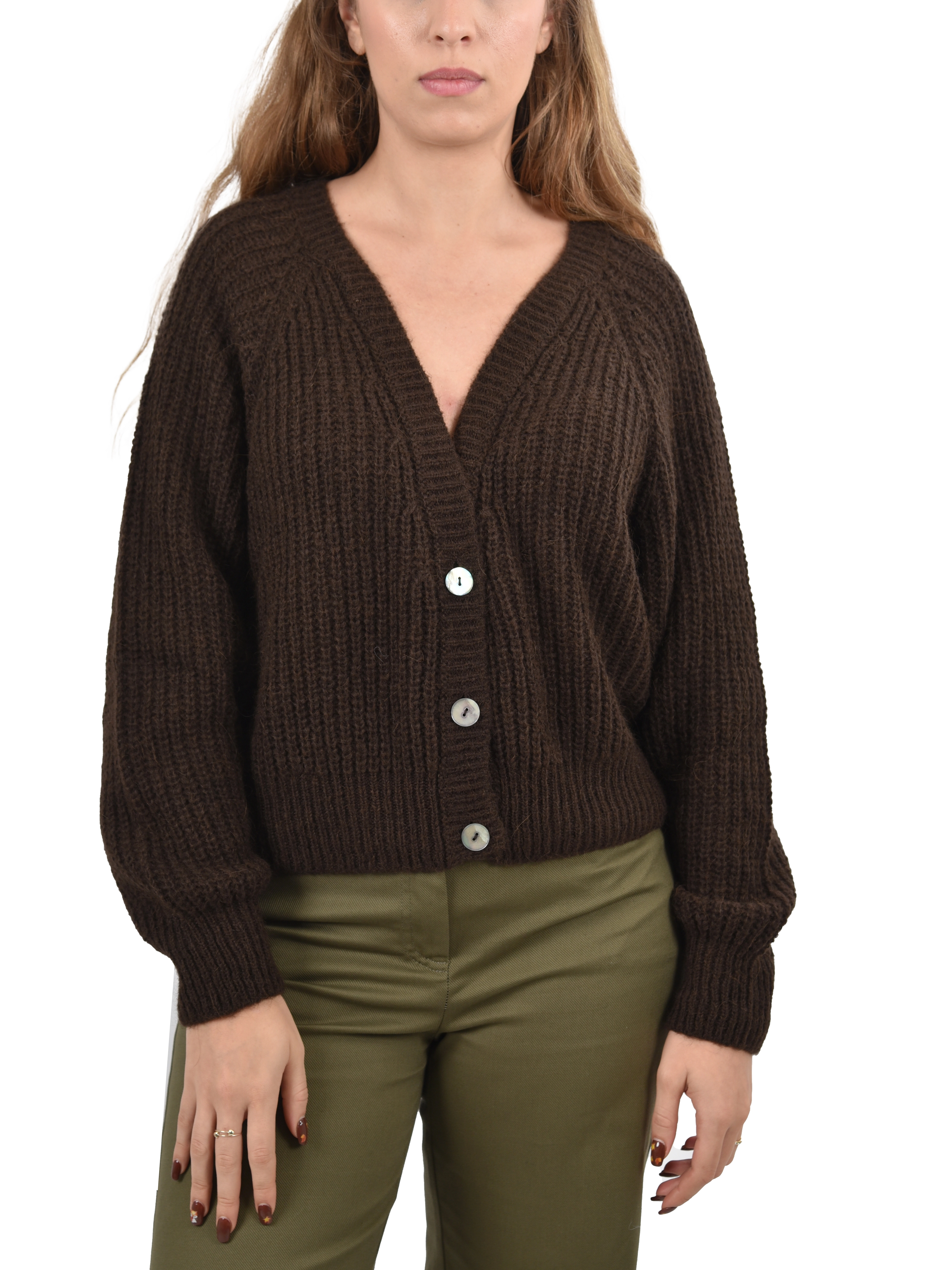 CARDIGAN IN MISTO ALPACA CON BOTTONI IN MADREPERLA DONNA MARRONE