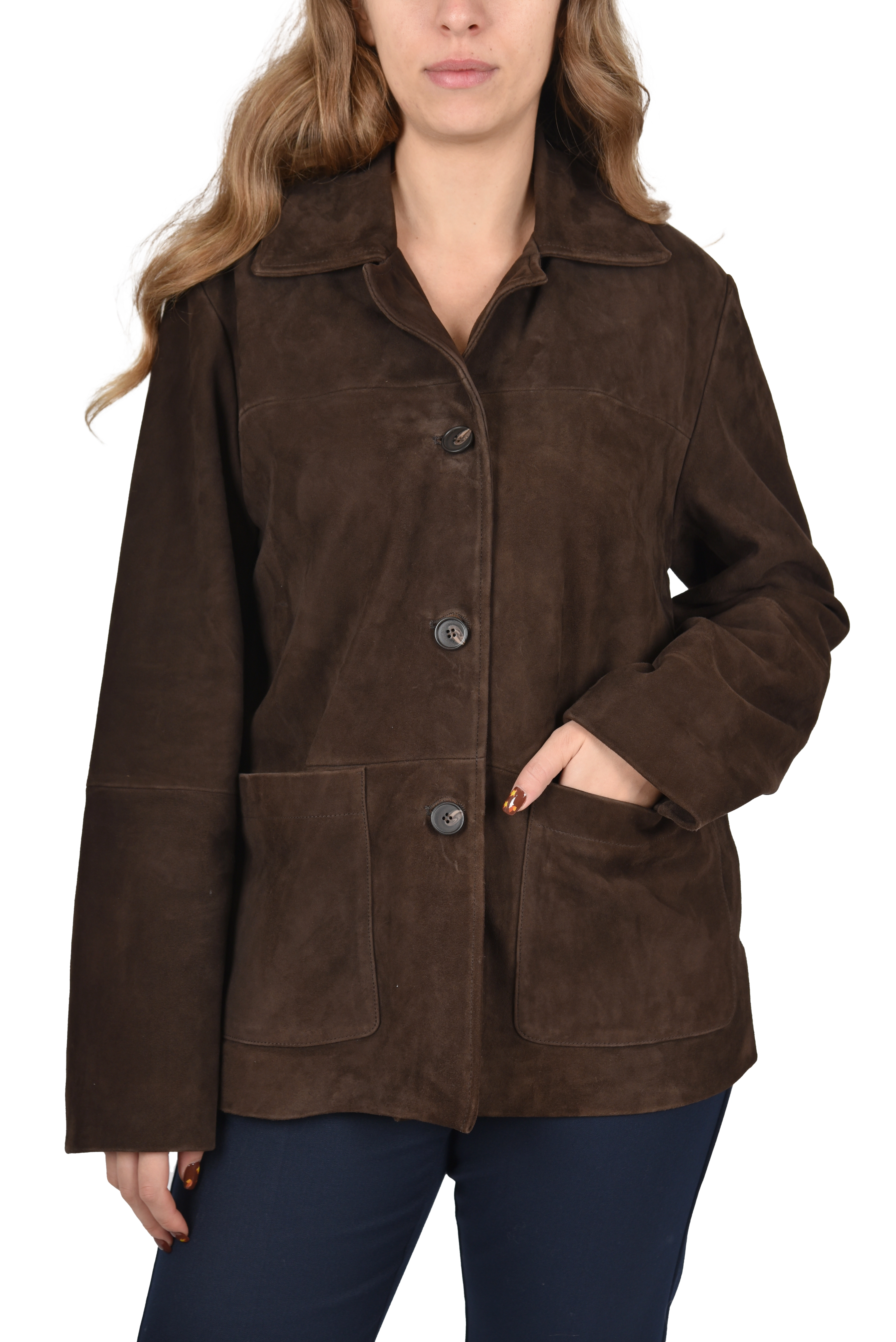 GIACCA IN PELLE CON TASCHE FRONTALI DONNA MARRONE