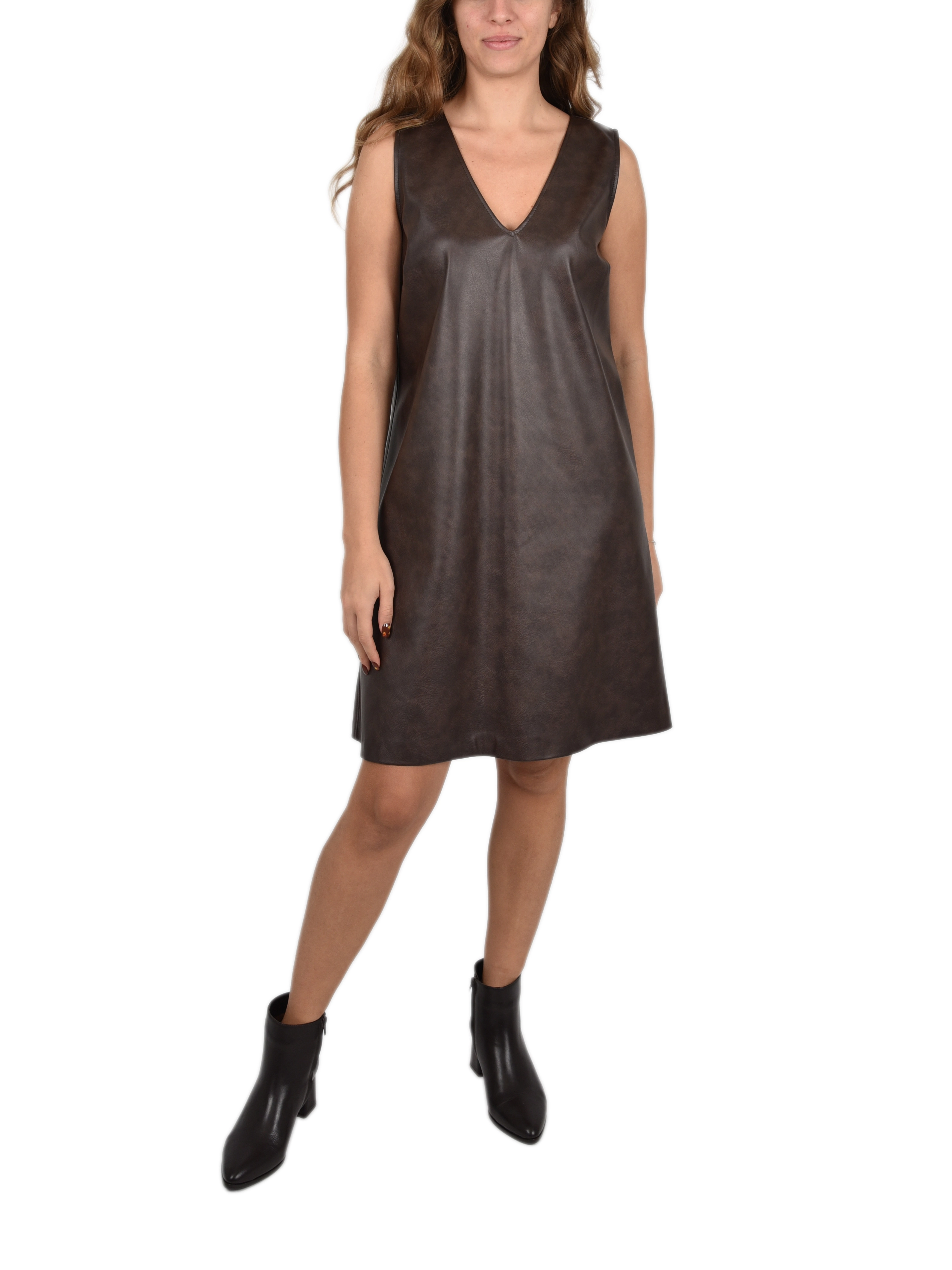 VESTITO CORTO SVASATO CON SCOLLO A V DONNA MARRONE