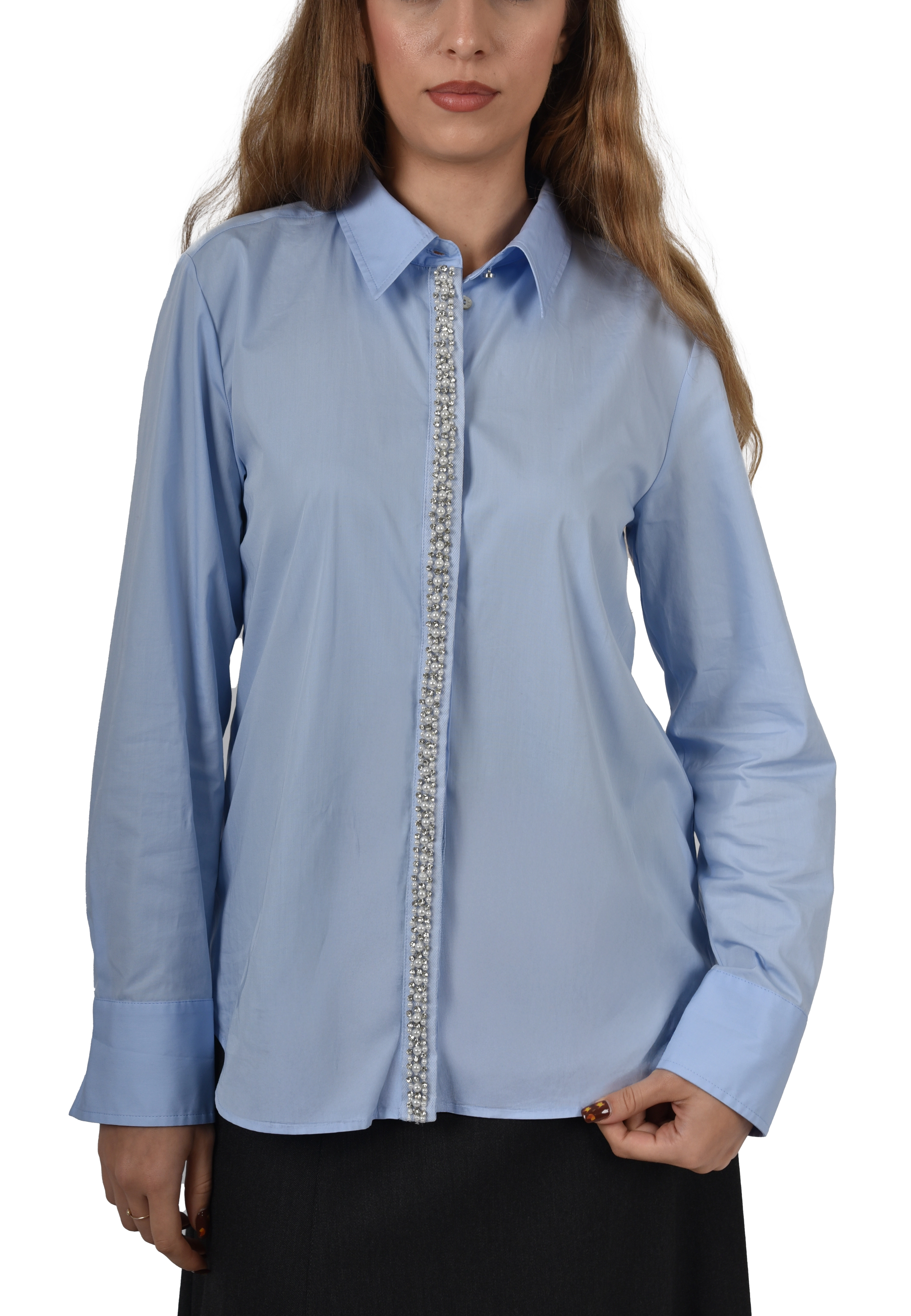 CAMICIA IN COTONE CON CRISTALLI E PERLE DONNA AZZURRO