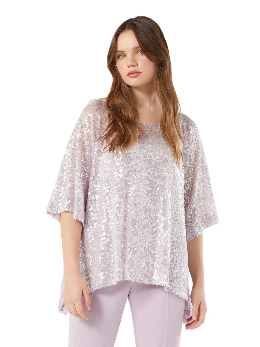 MAGLIA GIROCOLLO STILE PONCHO IN PAILETTES DONNA LILLA