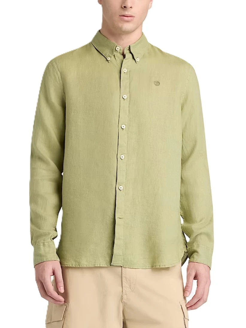 CAMICIA CASUAL IN LINO SLIM FIT CON LOGO RICAMATO UOMO VERDE