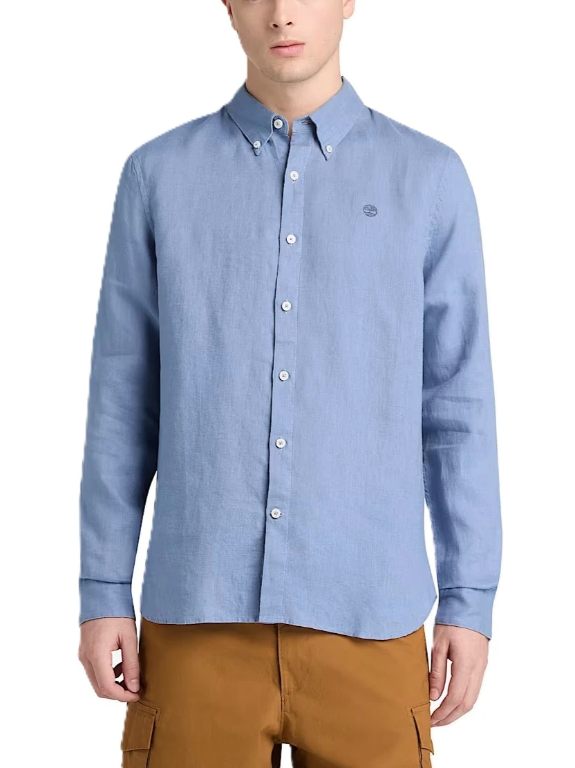 CAMICIA CASUAL IN LINO SLIM FIT CON LOGO RICAMATO UOMO AZZURRO