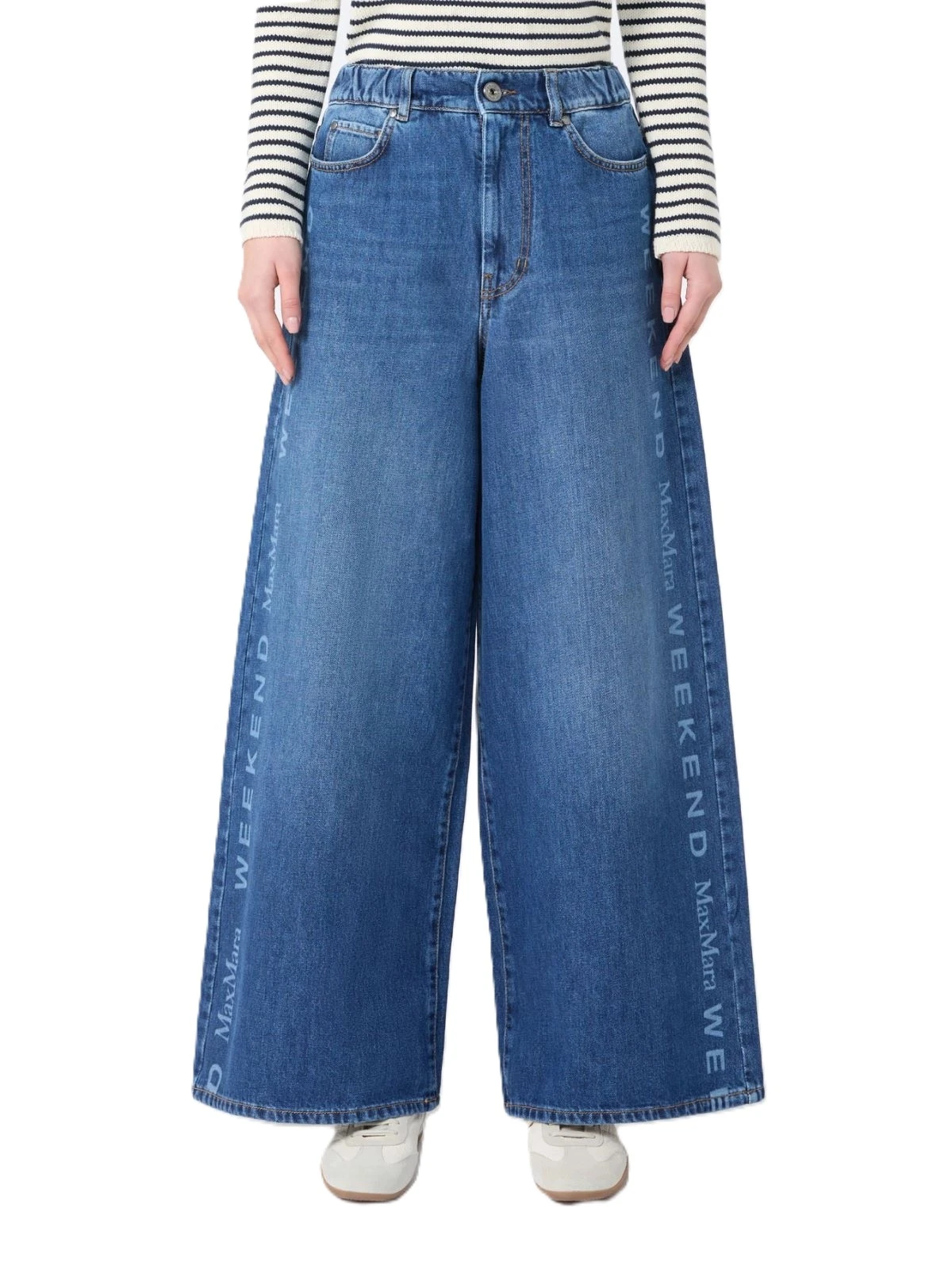 JEANS PALAZZO CON MAXI LOGO  E VITA ELASTICIZZATA DONNA BLU