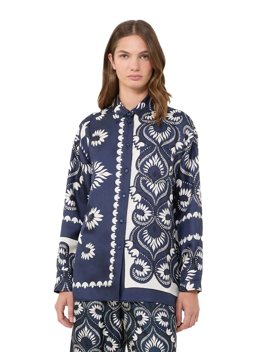 CAMICIA IN SETA CON STAMPA E TASCHINO FRONTALE DONNA BLU