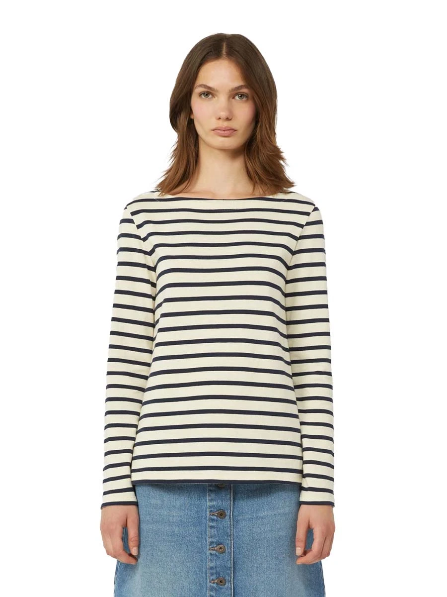 T-SHIRT MANICA LUNGA SCOLLO A BARCA FANTASIA A RIGHE DONNA BEIGE