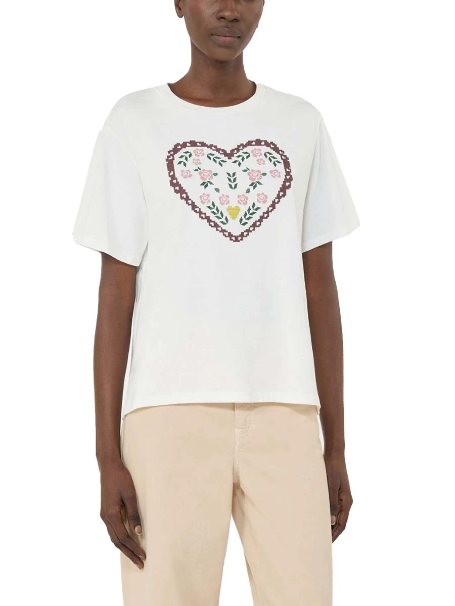 T-SHIRT MANICA CORTA CON DIVERSE FANTASIE APPLICATE DONNA  BIANCO