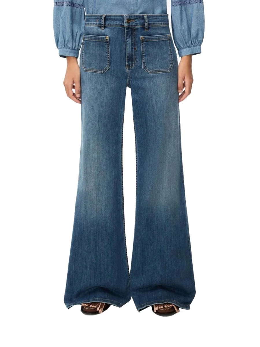 JEANS A ZAMPA CON TASCHE FRONTALI APPLICATE DONNA BLU