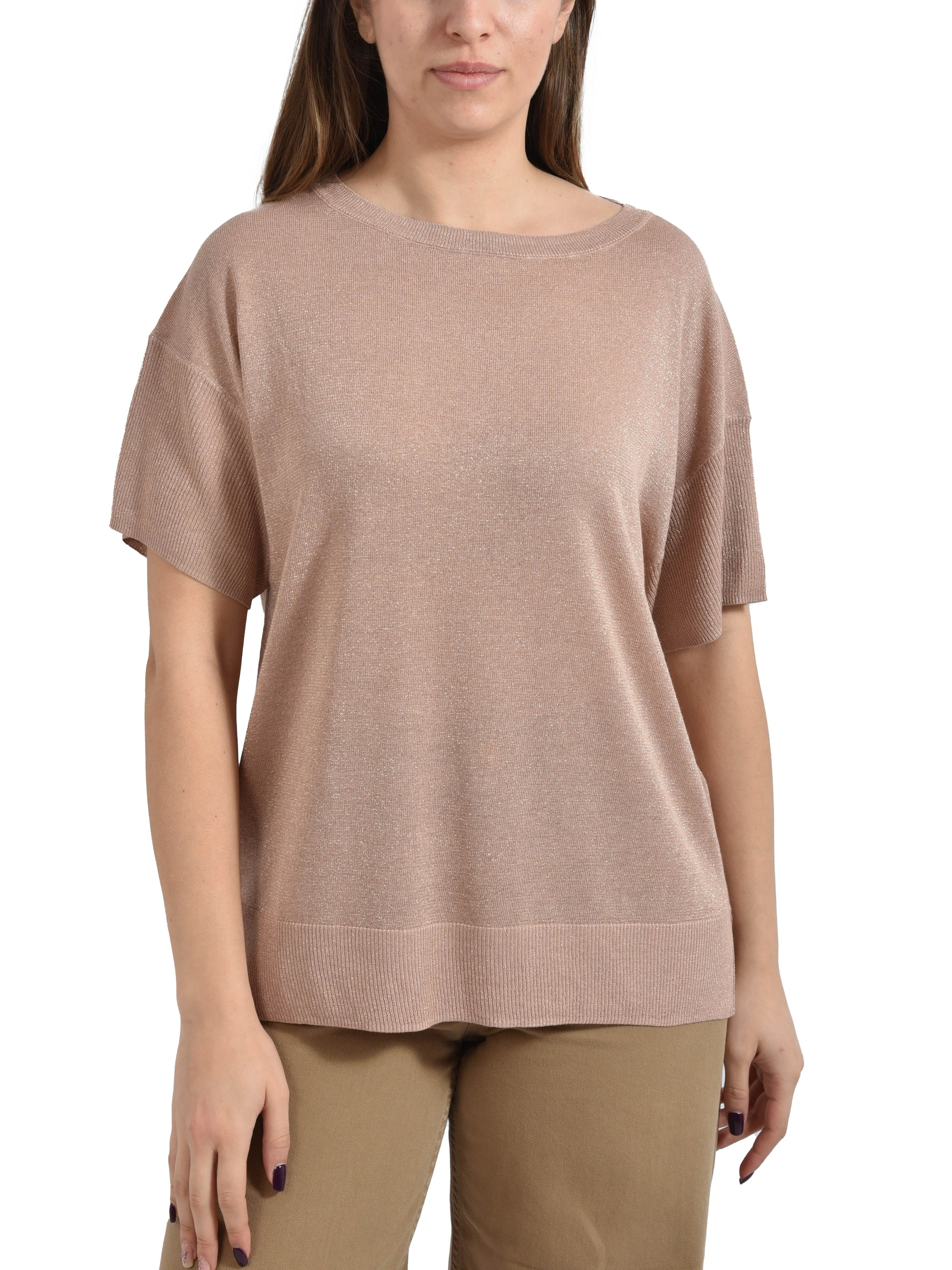 MAGLIA CON SCOLLO A BARCA IN MISTO SETA LUREX DONNA ROSA