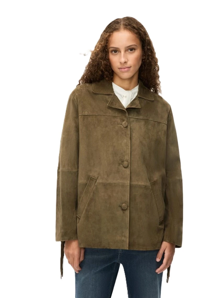 GIACCA IN PELLE SCAMOSCIATA CON FRANGE DONNA VERDE