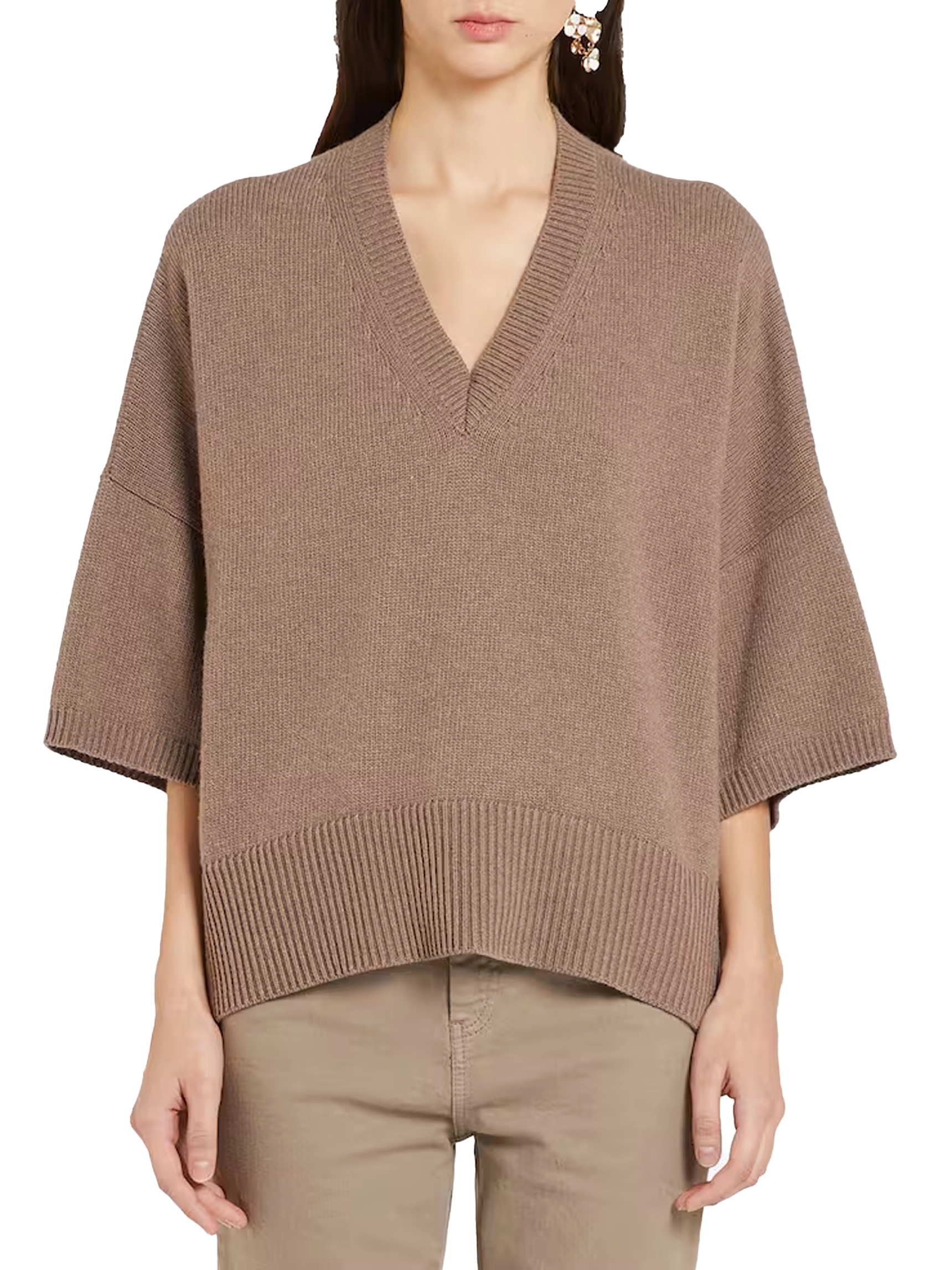 MAGLIA CON SCOLLO A V IN MISTO LANA E CASHMERE CON BORDI A COSTINE DONNA MARRONE