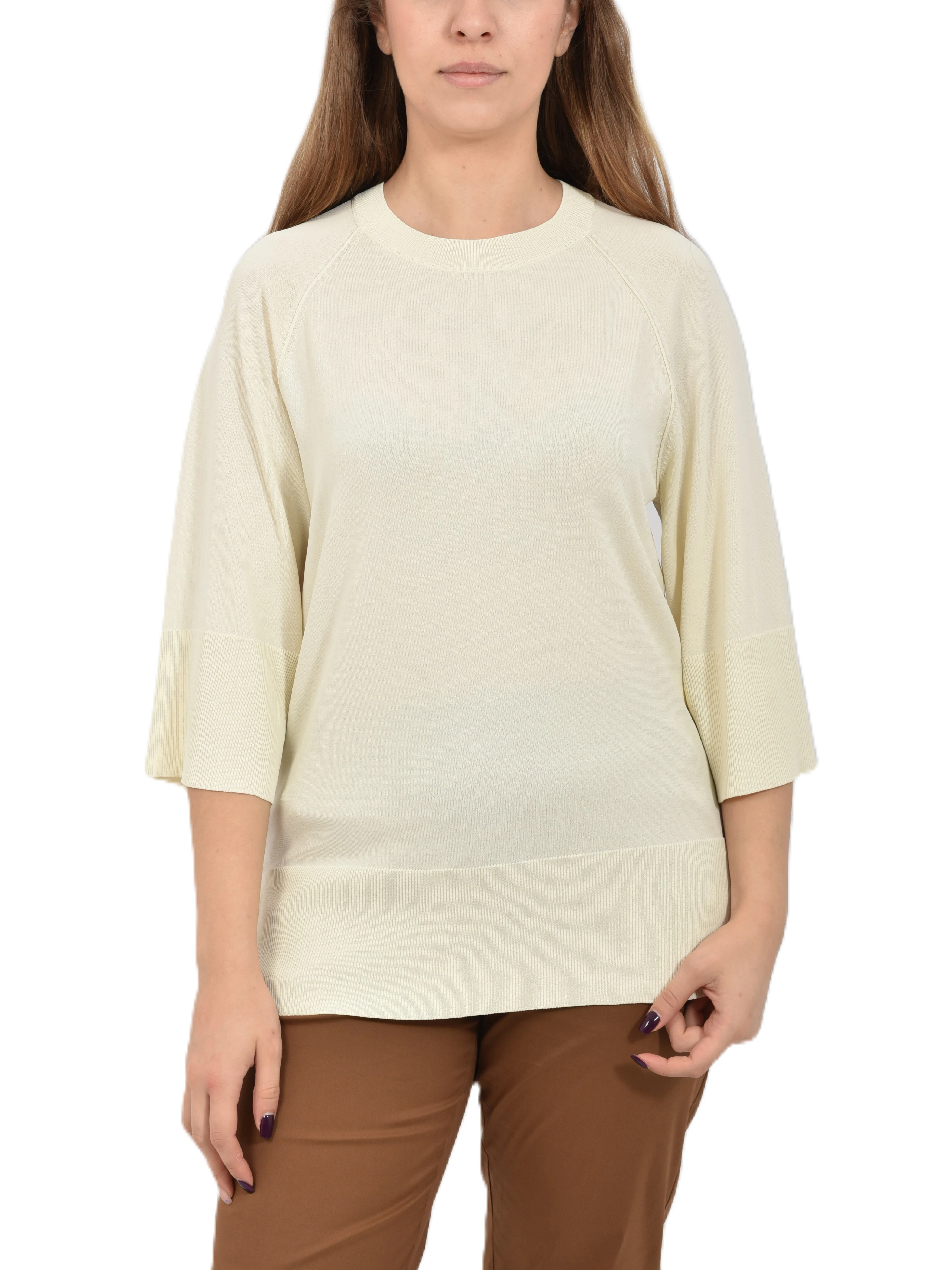 MAGLIA GIROCOLLO CON MANICA A TRE QUARTI E DETTAGLI A COSTINA DONNA AVORIO