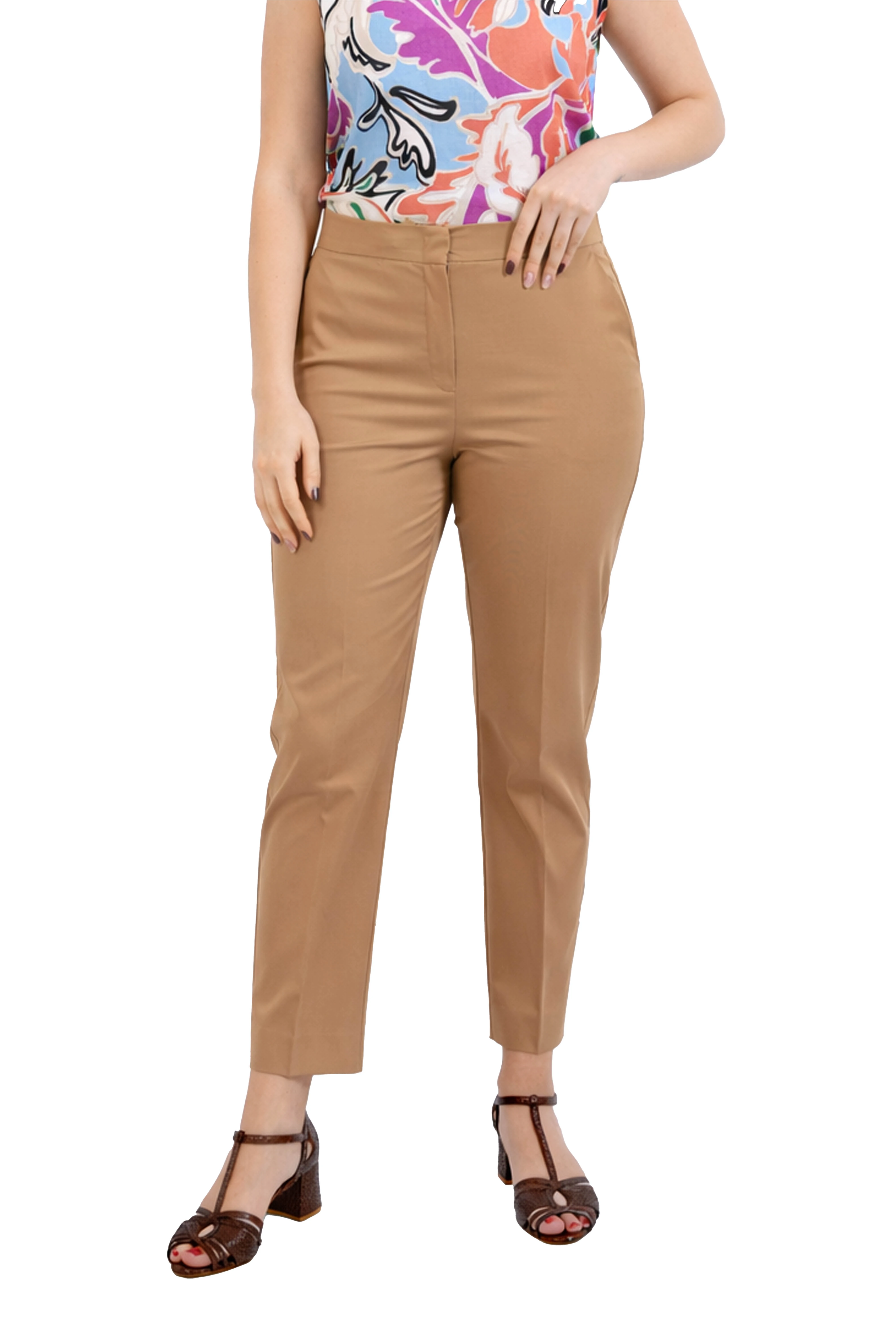 PANTALONE CHINO IN POPELINE DI COTONE STRETCH DONNA MARRONE