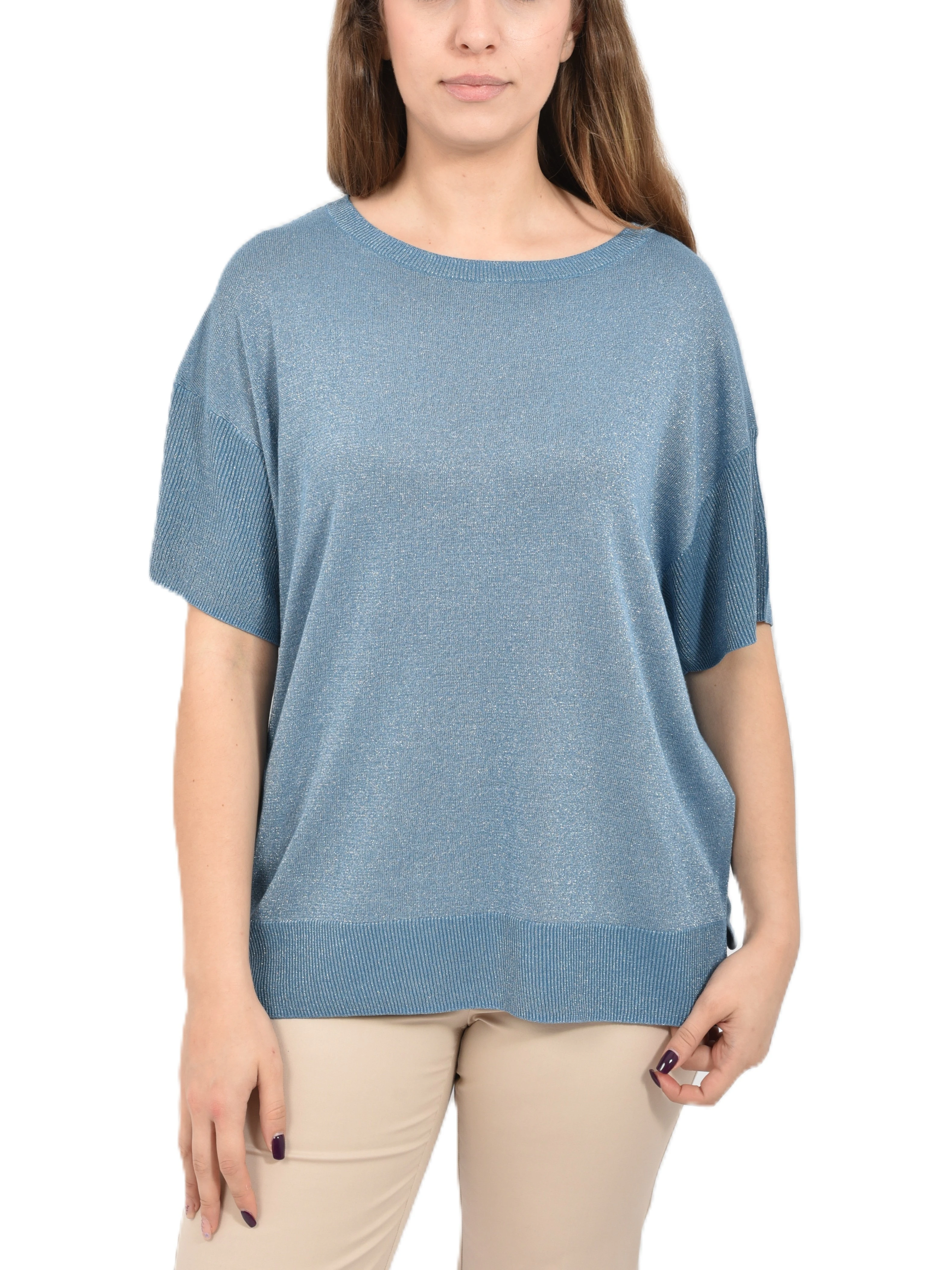 MAGLIA CON SCOLLO A BARCA IN MISTO SETA LUREX DONNA AZZURRO